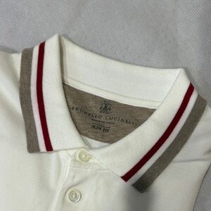 Brunello Cucinelli Cream Polo with Red and Gray Striped Collar XL